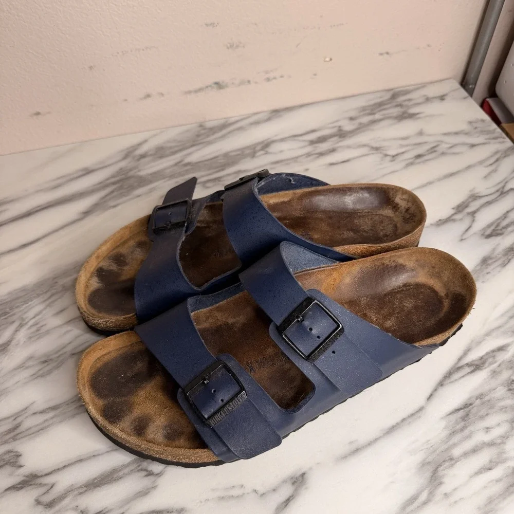 Birkenstock Arizona Navy Blue Leather 2 Strap Sandals Slides EU Sz 47 US Mens 14